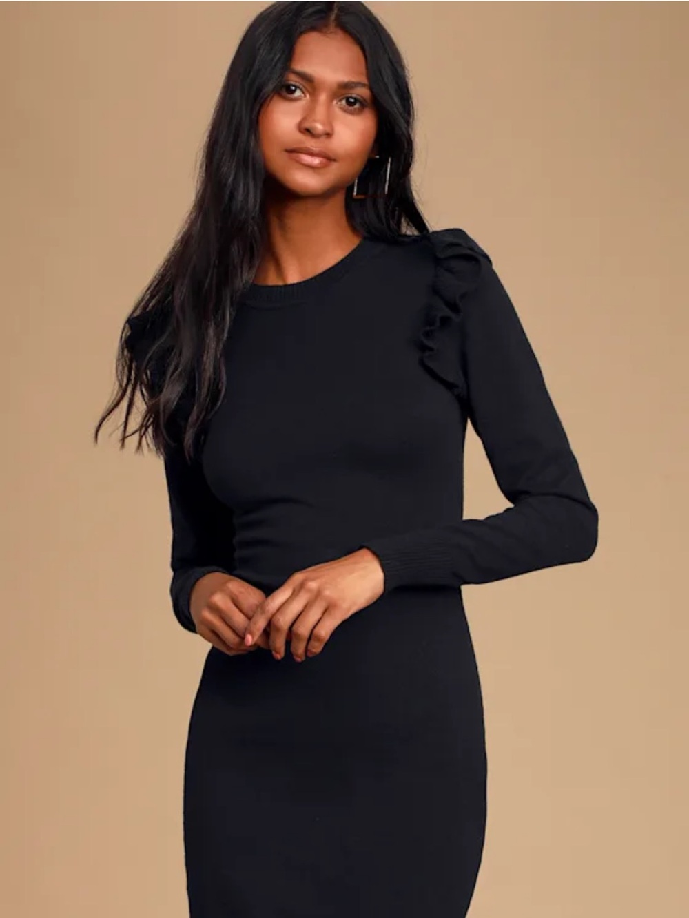 Women’s Black Ruffle Sleeve Knit Sweater Dress
